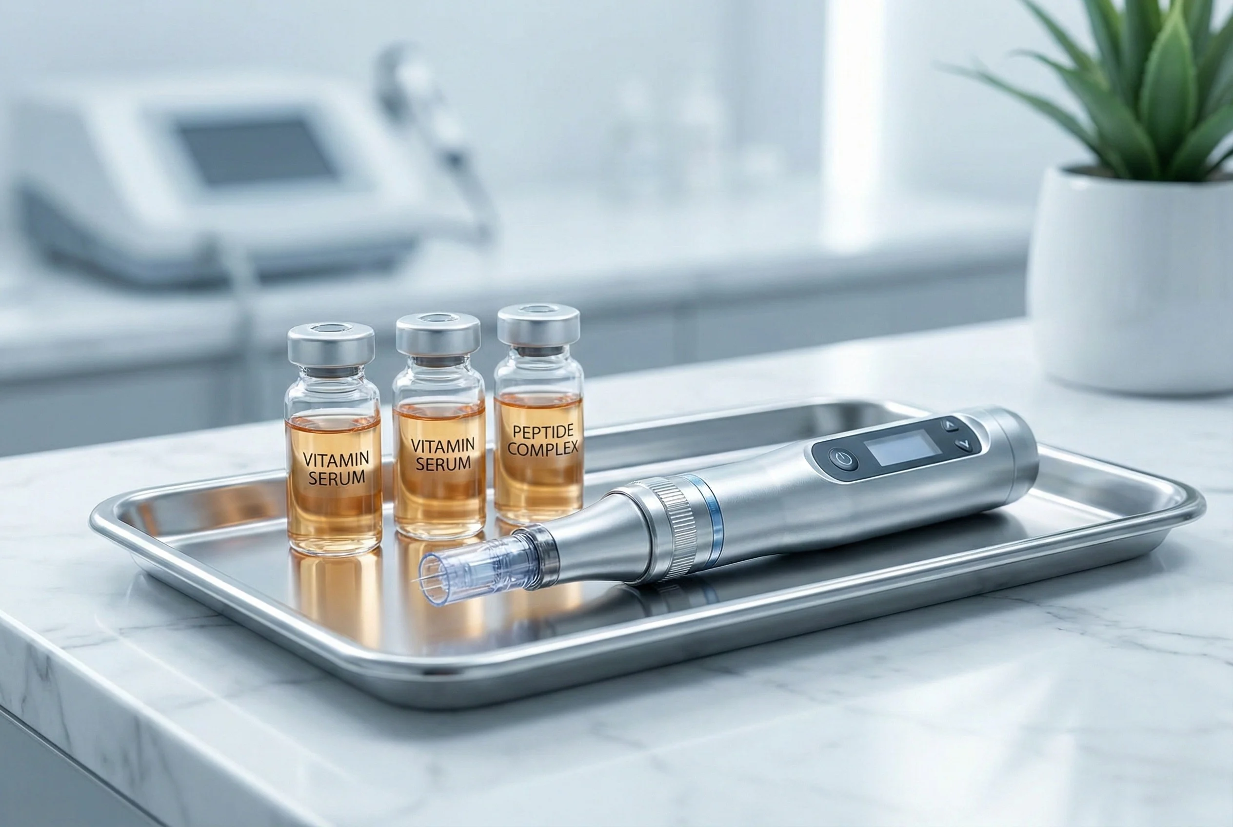 Caneta de microagulhamento elétrico (Dermapen) com ampolas de vitaminas para terapia capilar e crescimento dos fios.