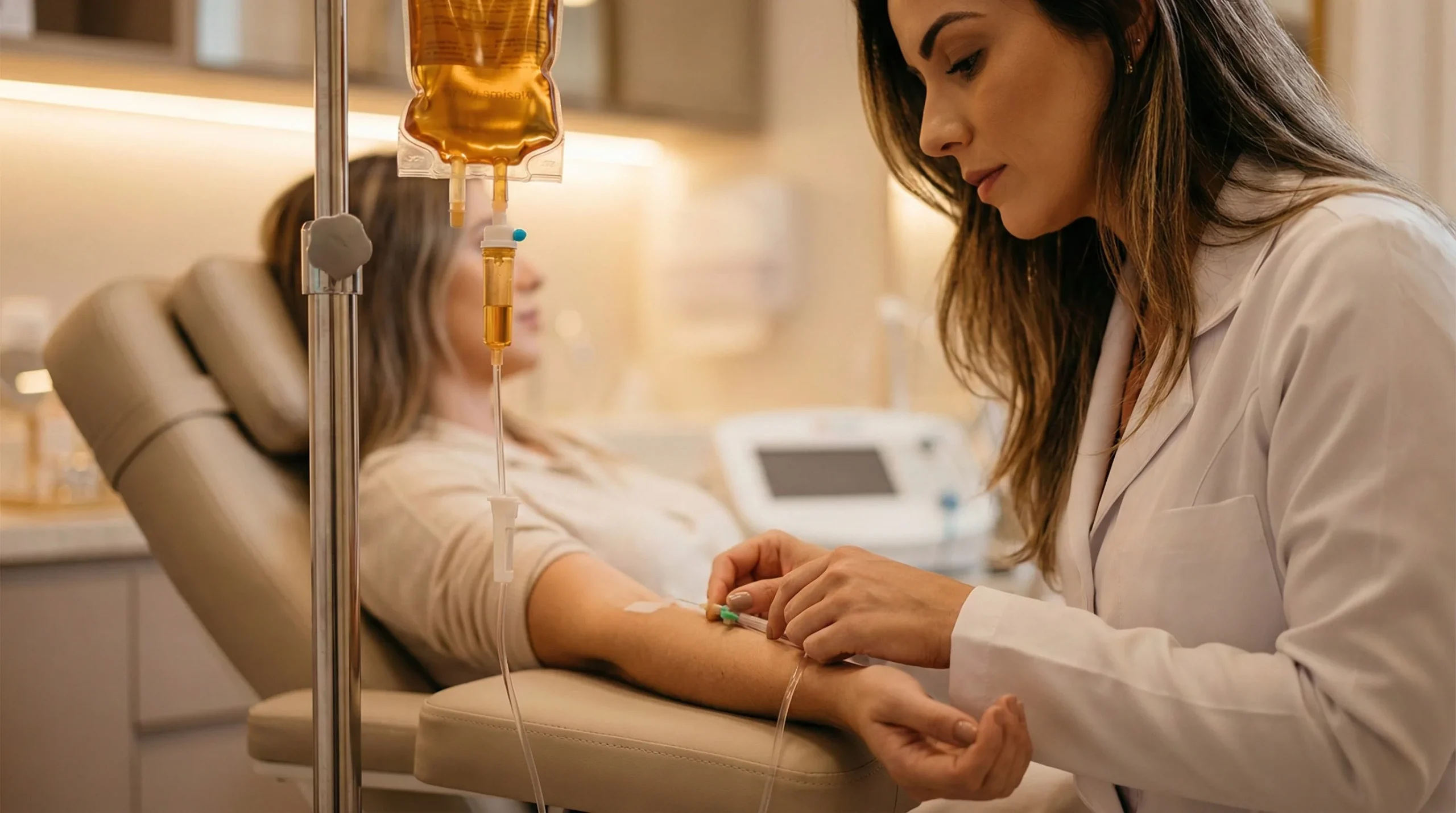 Soroterapia pós-bariátrica em Samambaia Sul - Dra. Karen Lima aplicando reposição endovenosa para queda de cabelo