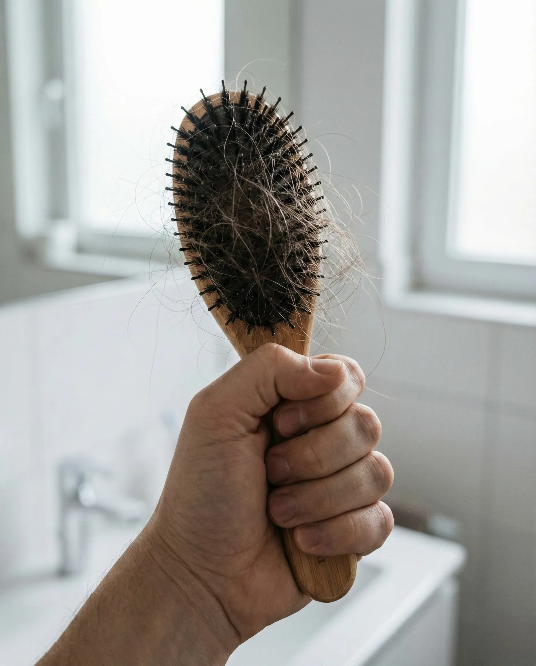 Mão segurando uma escova de madeira cheia de cabelos caídos. Representação do desespero com a queda capilar intensa e eflúvio telógeno antes do tratamento com MMP na clínica da Dra. Karen Lima.