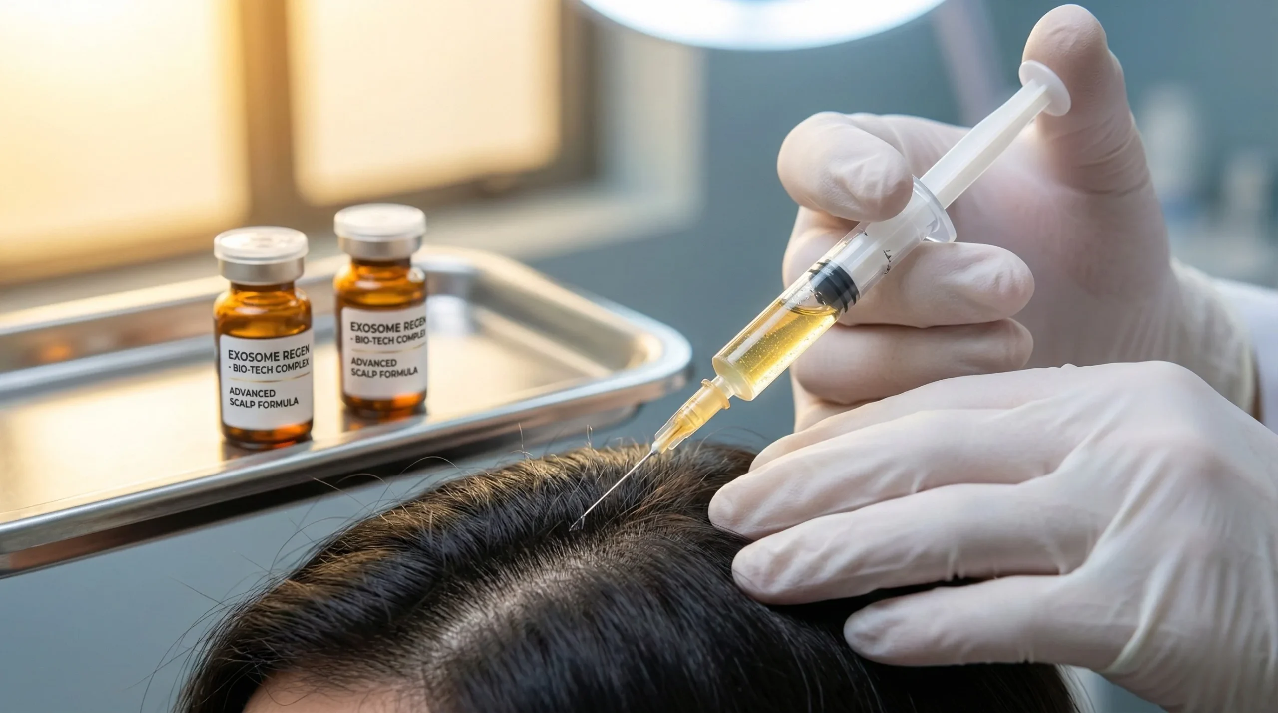 Couro cabeludo marcado com grade estratégica de aplicação para precisão clínica. Dra. Karen Lima Tricologista utiliza dispositivo de microagulhamento/microinfusão controlado para entregar os Exossomos na profundidade correta (derme).