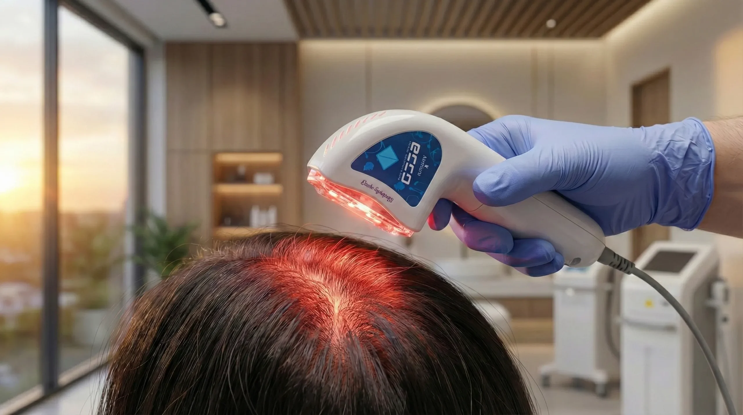 Close-up de profissional com luva azul aplicando equipamento de fototerapia capilar (pente emissor de luz vermelha/LED e infravermelho) no topo da cabeça de paciente com rarefação capilar (calvície inicial).