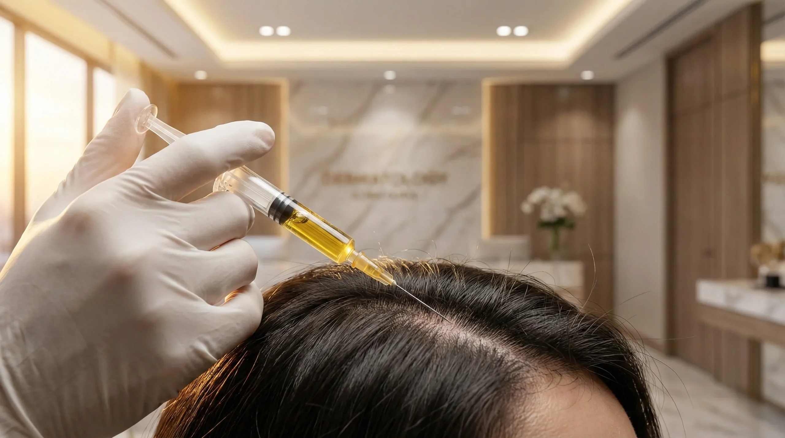 Close-up de profissional com luvas aplicando Mesoterapia Capilar com seringa no couro cabeludo do paciente. O líquido amarelo foca na injeção profunda de vitaminas e minerais na derme e hipoderme.