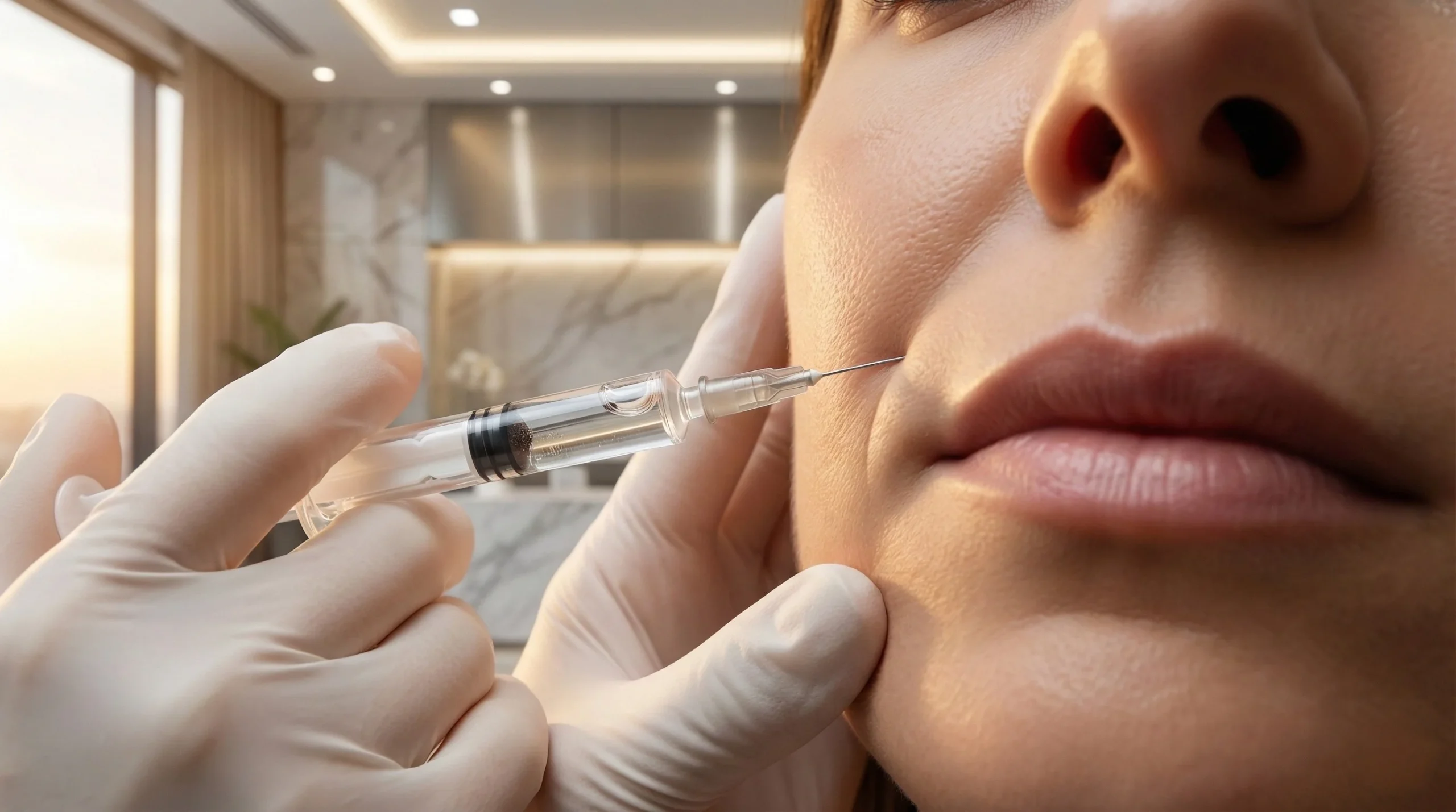 Mãos da Dra. Karen Lima de luvas médicas brancas segurando seringa e aplicando preenchimento de ácido hialurônico com precisão no sulco nasogeniano (bigode chinês) de paciente em Samambaia Sul.