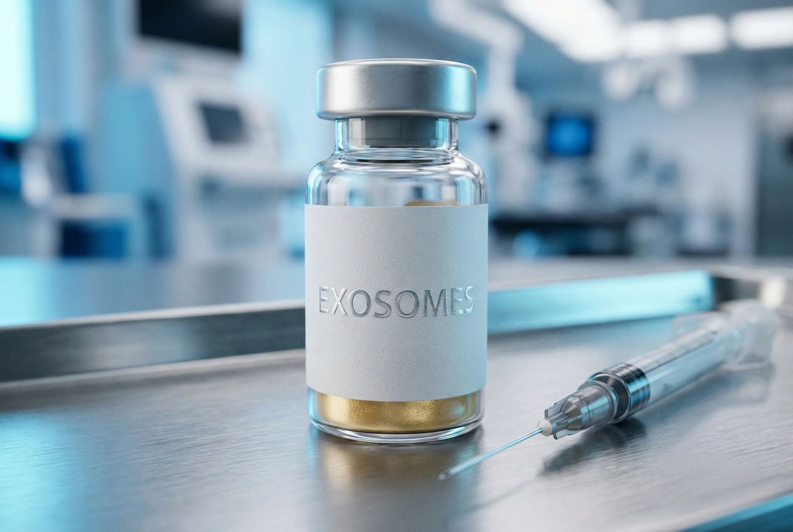 Mão com luva médica branca segurando um frasco estéril de Exossomos Capilares de grau clínico certificado com tampa azul. Representa a biotecnologia pura pronta para aplicação.
