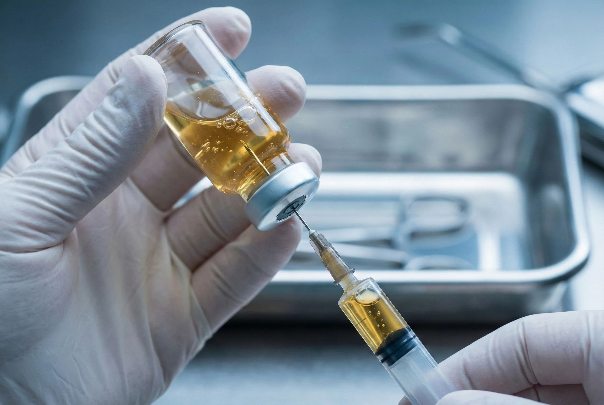 Mãos com luvas cirúrgicas puxando um líquido dourado (vitaminas e minerais) de um frasco de vidro para uma seringa, com uma bandeja esterilizada de instrumentos ao fundo.