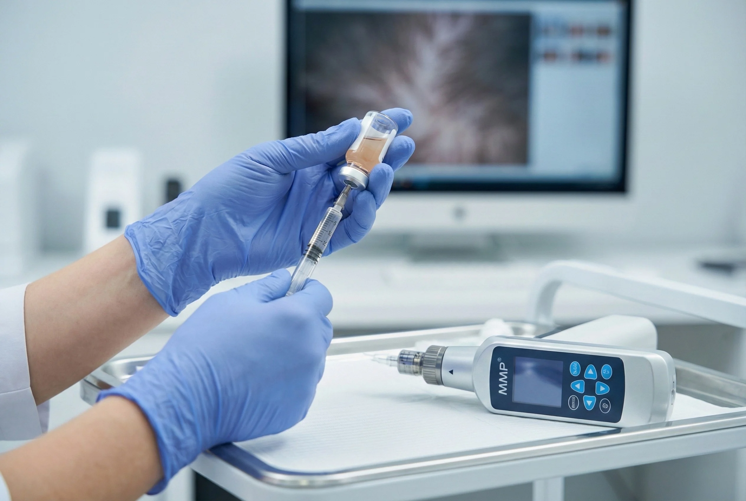 Profissional com luvas preparando o coquetel capilar personalizado em seringa, com frasco de ativos, aparelho de MMP e monitor de tricoscopia ao fundo. Padrão de segurança da Dra. Karen Lima.