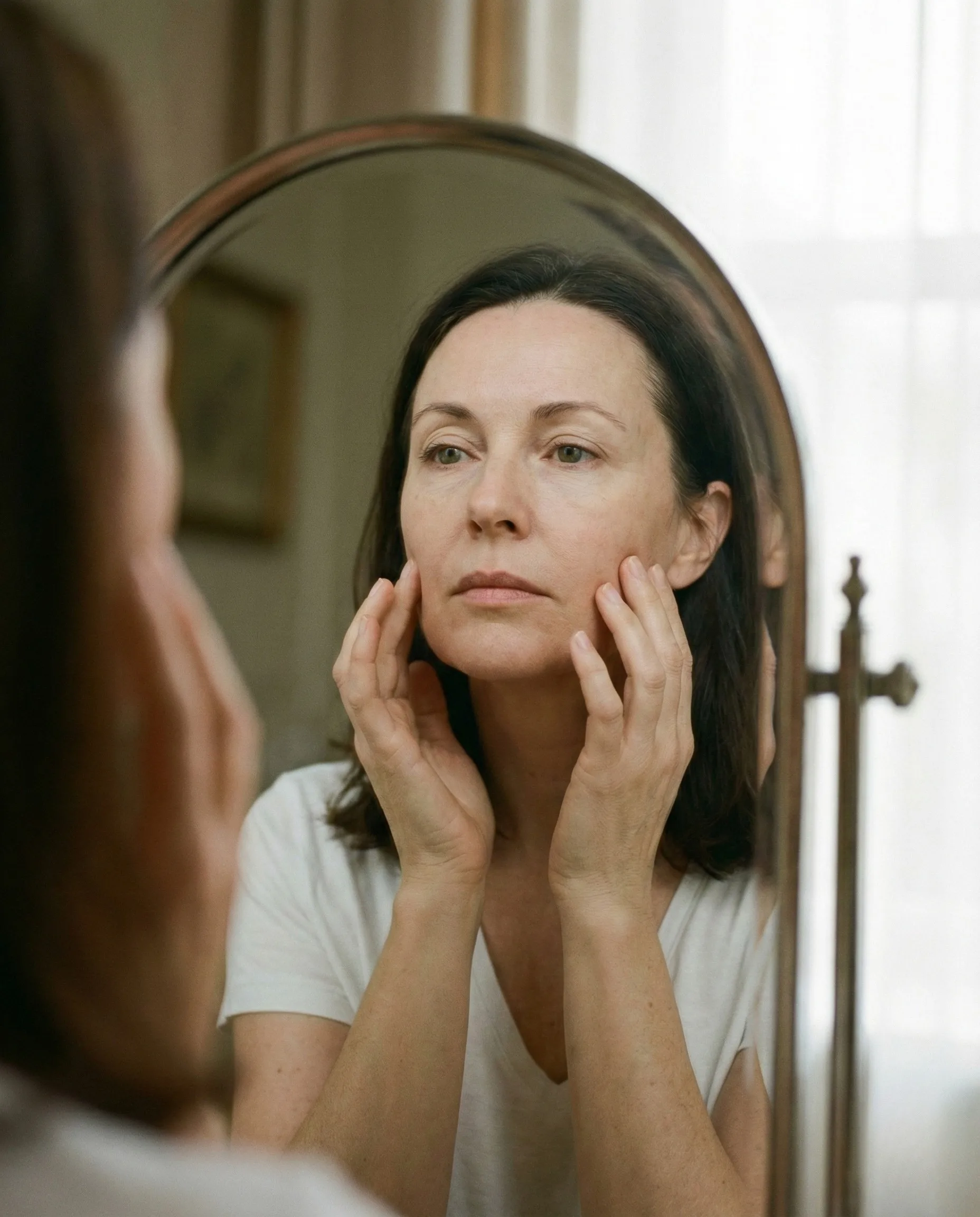 Close-up da mão da profissional com luva médica branca segurando firmemente uma agulha conectada a um fio de PDO azul curvado, pronta para a aplicação de lifting facial.