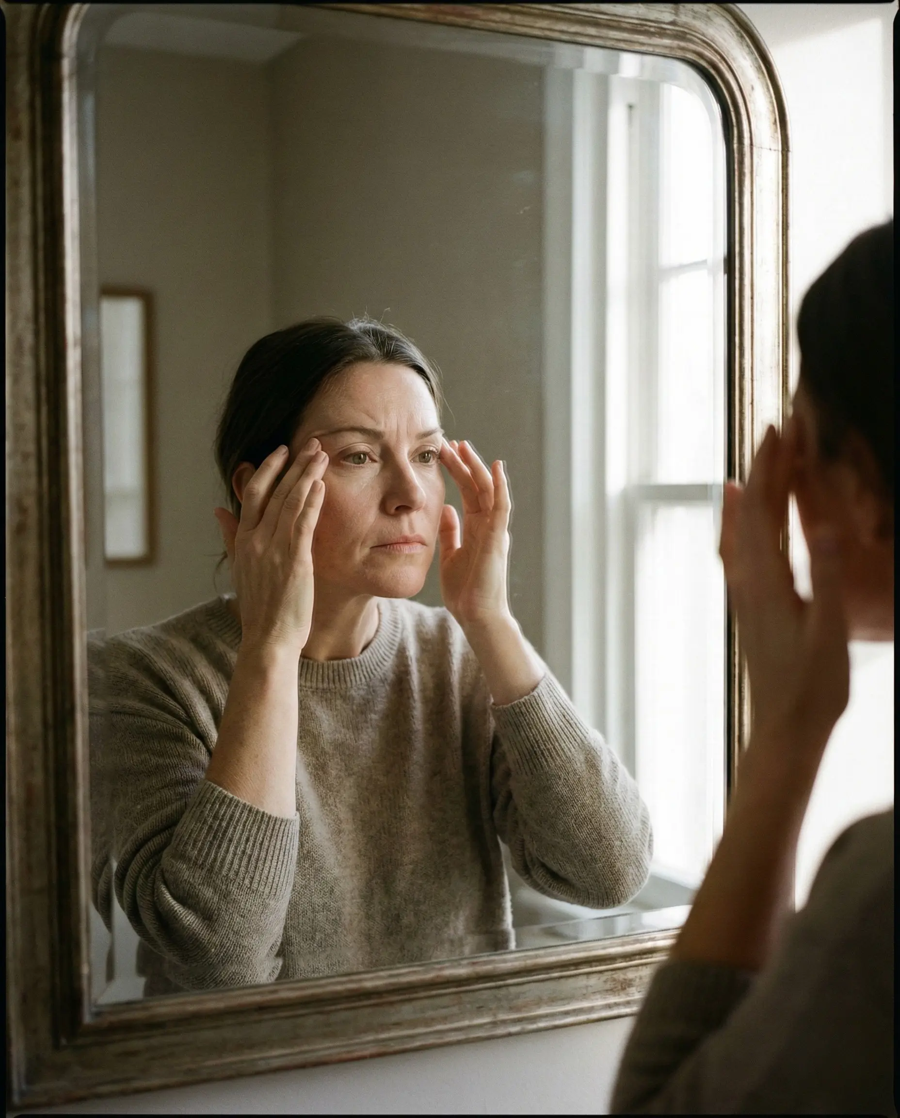 Mulher examinando rugas na testa e linhas de expressão no espelho. Preocupação com sinais de envelhecimento facial e rosto cansado, buscando soluções de rejuvenescimento na clínica da Dra. Karen Lima.