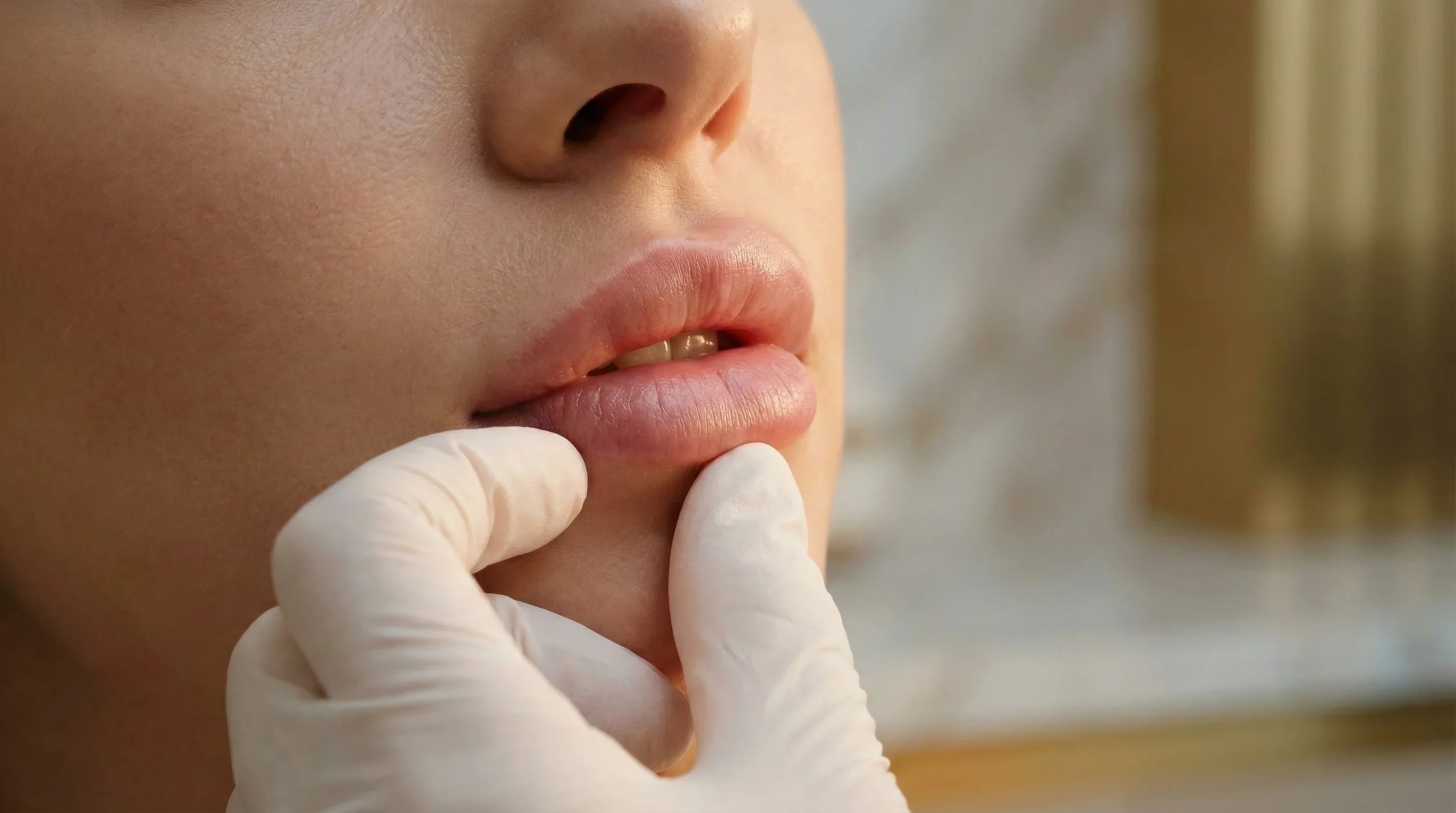 Close-up das mãos da Dra. Karen Lima com luvas médicas brancas utilizando uma seringa e agulha para aplicar ácido hialurônico nos lábios de uma paciente, com foco na técnica de hidratação natural.