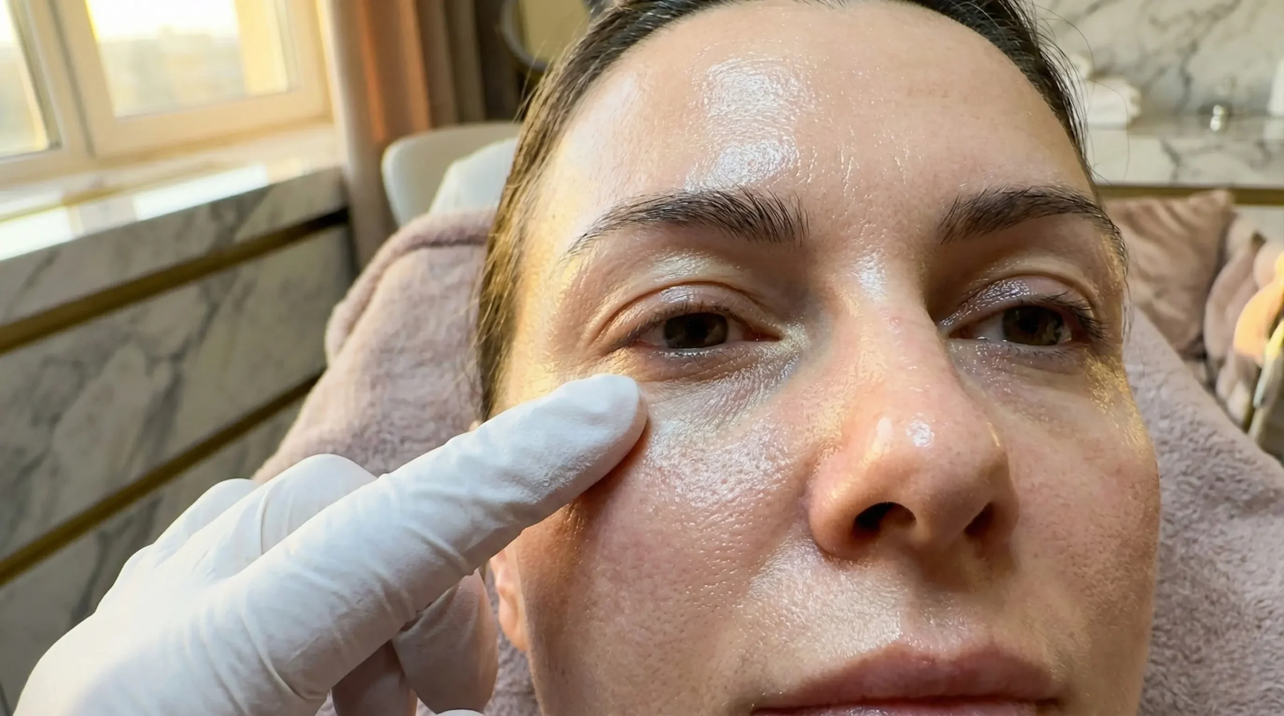 Mãos da Dra. Karen Lima de luvas médicas brancas aplicando preenchimento de olheiras com microcânula romba em paciente, com caixa do produto Teosyal Redensity II visível ao fundo.