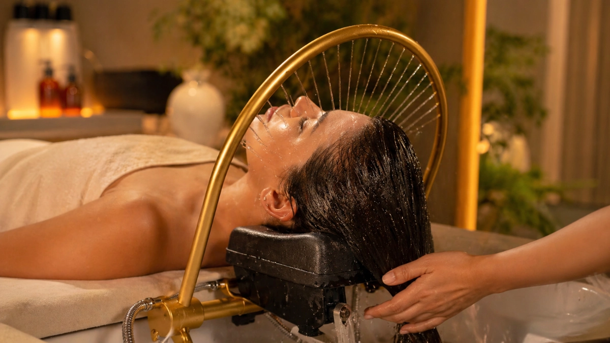 Paciente relaxando profundamente durante sessão de Head Spa com arco de água contínua e massagem capilar no lavatório.