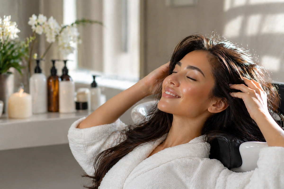 Mulher sorridente com cabelos soltos, volumosos e couro cabeludo limpo após sessão de terapia capilar estética.