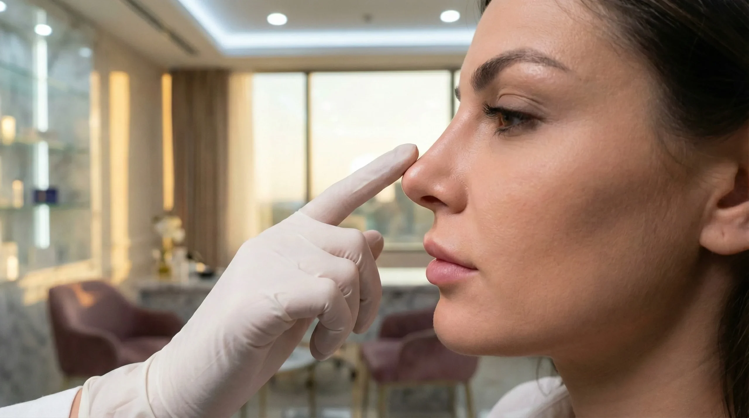 Close-up da Dra. Karen Lima, usando luvas e máscara médicas, aplicando preenchimento de ácido hialurônico na região do dorso nasal de uma paciente para corrigir imperfeições.