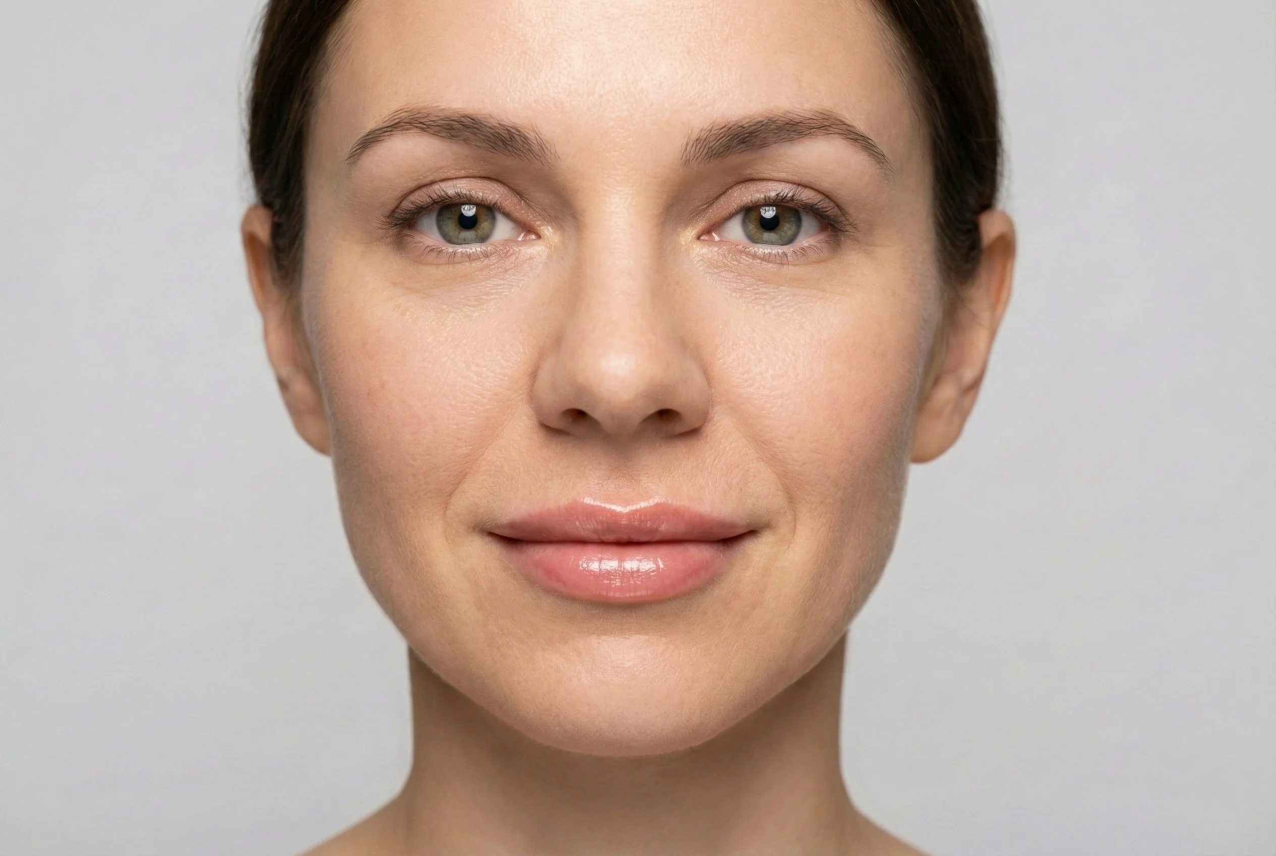 Mão com luva médica branca segurando uma seringa esterilizada contendo ácido hialurônico de alta qualidade, apontada para cima, pronta para aplicação em preenchimento labial na clínica.