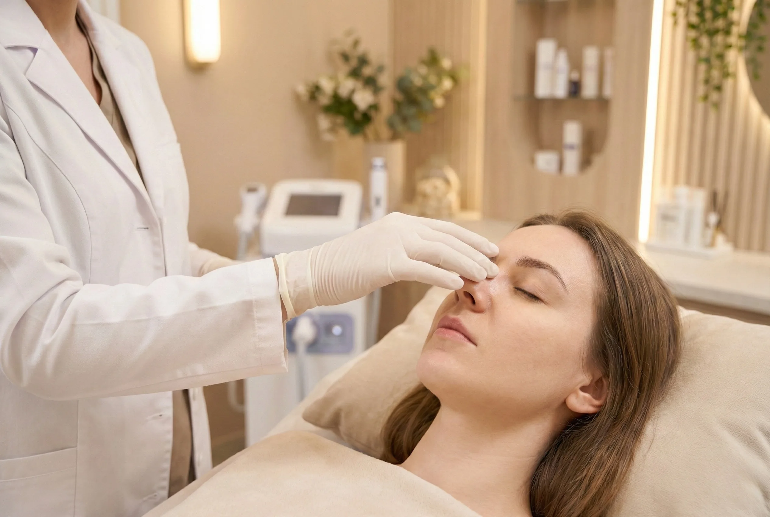 Stylized shot de uma seringa de vidro com detalhes dourados (ácido hialurônico de alta qualidade) ao lado de discos de algodão em um ambiente clínico de estética sofisticado.