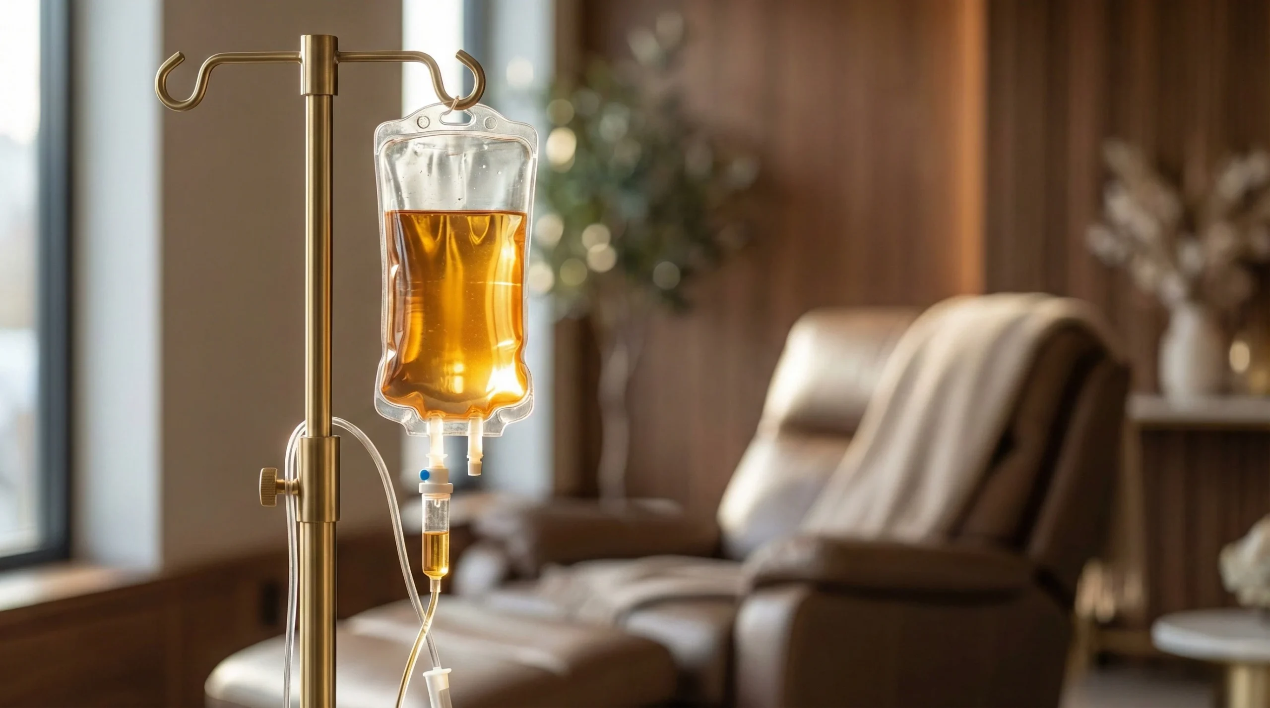 Bolsa de soro vitaminado pendurada em um suporte dourado, pronta para aplicação de soroterapia na clínica de estética da Dra. Karen Lima, localizada no Centro Clínico One em Samambaia Sul.