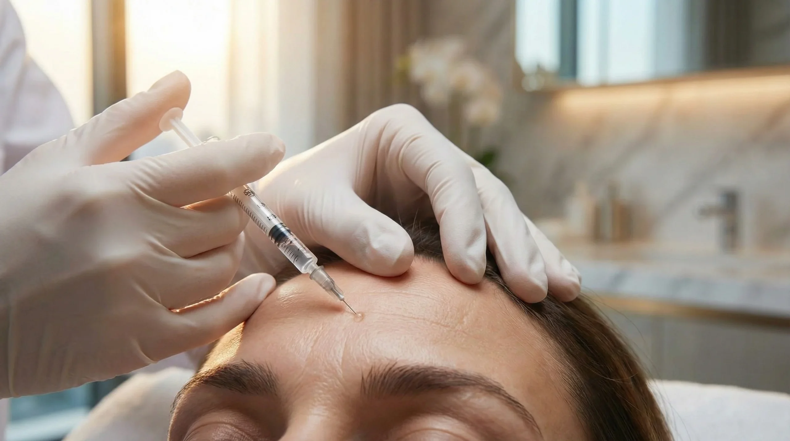 Close-up de um procedimento estético facial na testa para suavizar linhas de expressão. Tratamento avançado de rejuvenescimento na clínica da Dra. Karen Lima em Samambaia Sul.