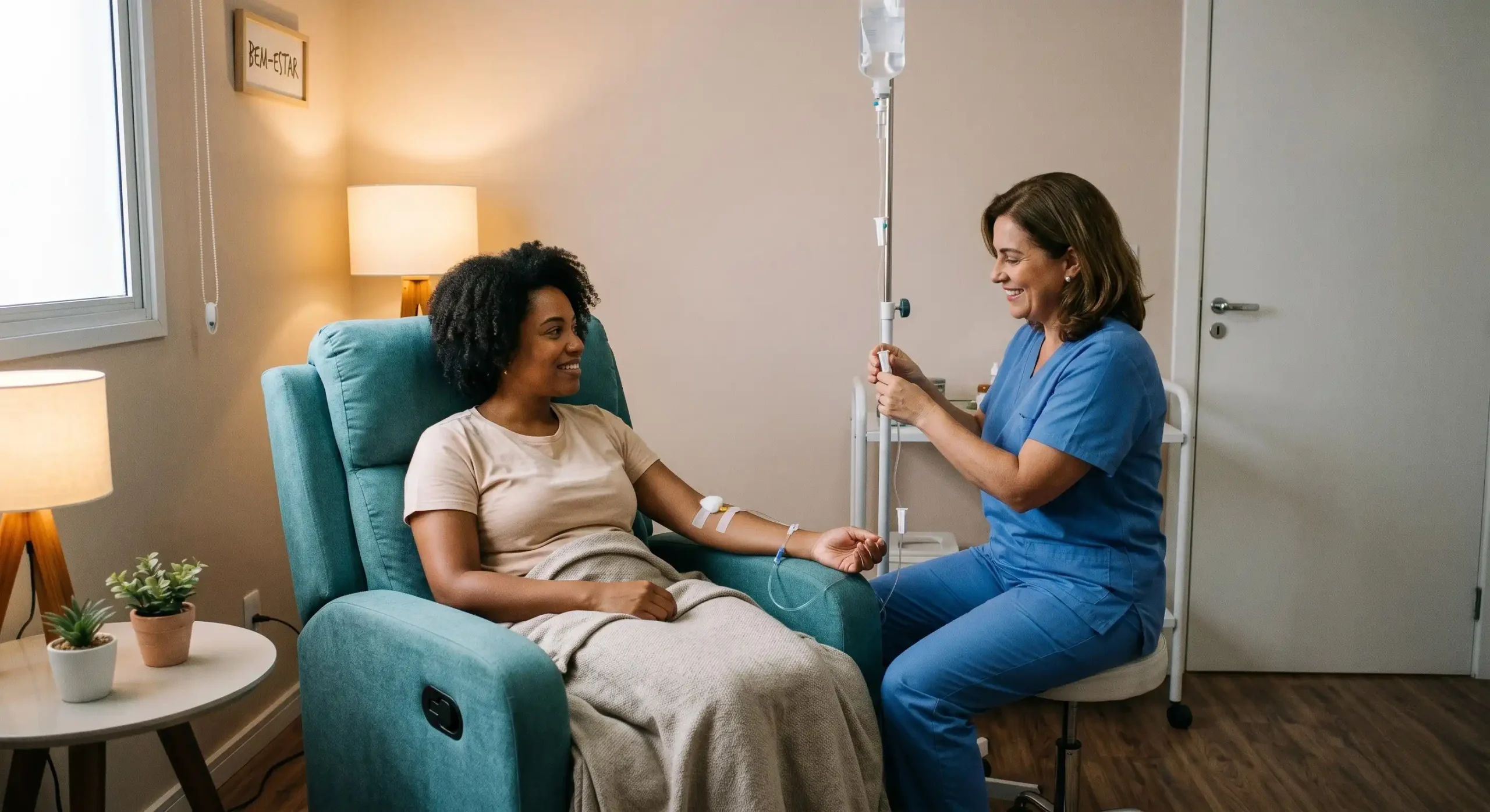 Paciente sorrindo e relaxada enquanto enfermeira ajusta infusão de vitamina C endovenosa na clínica Dra Karen Lima em Samambaia Sul.