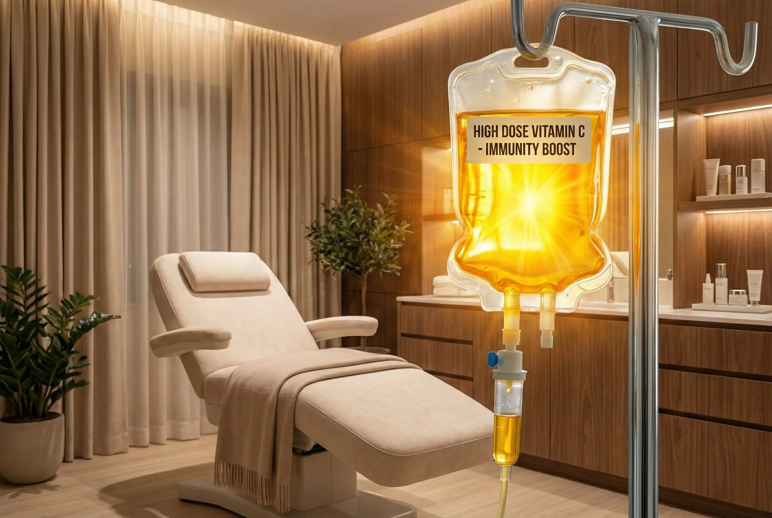 Bolsa de soroterapia com infusão concentrada de Vitamina C iluminada ao lado de uma poltrona reclinável na Clínica de Estética Dra. Karen Lima Tricologista em Samambaia Sul.